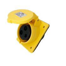 32A 3 Pin Yellow 110V Angled Panel Mounted Socket IP44