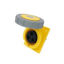 32A 3 Pin Yellow 110V Angled Panel Mounted Socket IP67