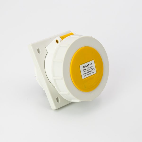 Rolec 32A 3 Pin Yellow 110V Angled Panel Mounted Plug IP67 - Image 2